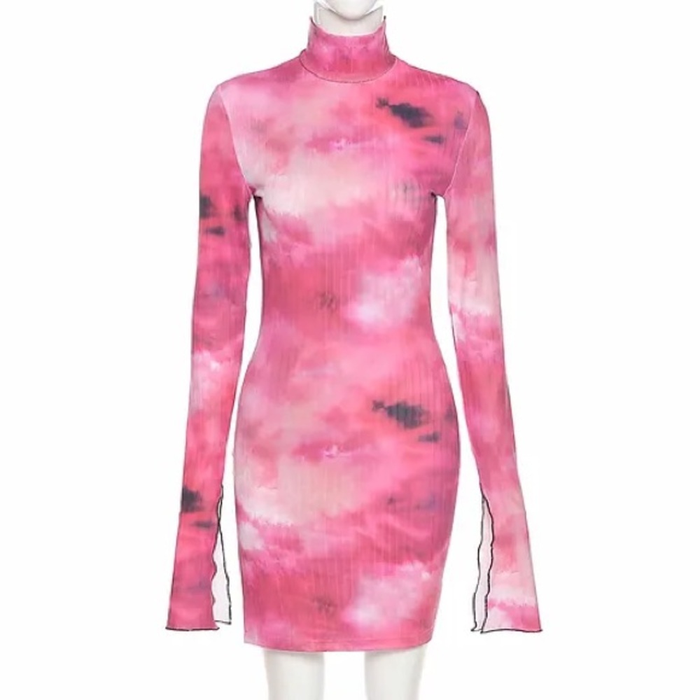 Chiffon Stretchy Red & Pink Tie-Dye Long Sleeve Bodycon Turtleneck Dress M/L NWT